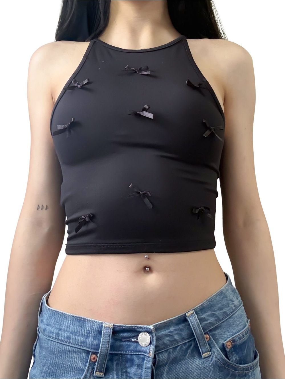 BERSHKA Bow Cropped Tank Top Black Size XS EUC